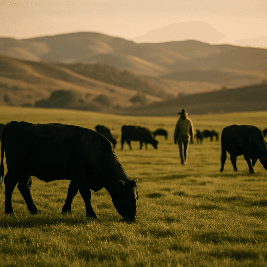 Cattle grazing on open pasture at golden hour
