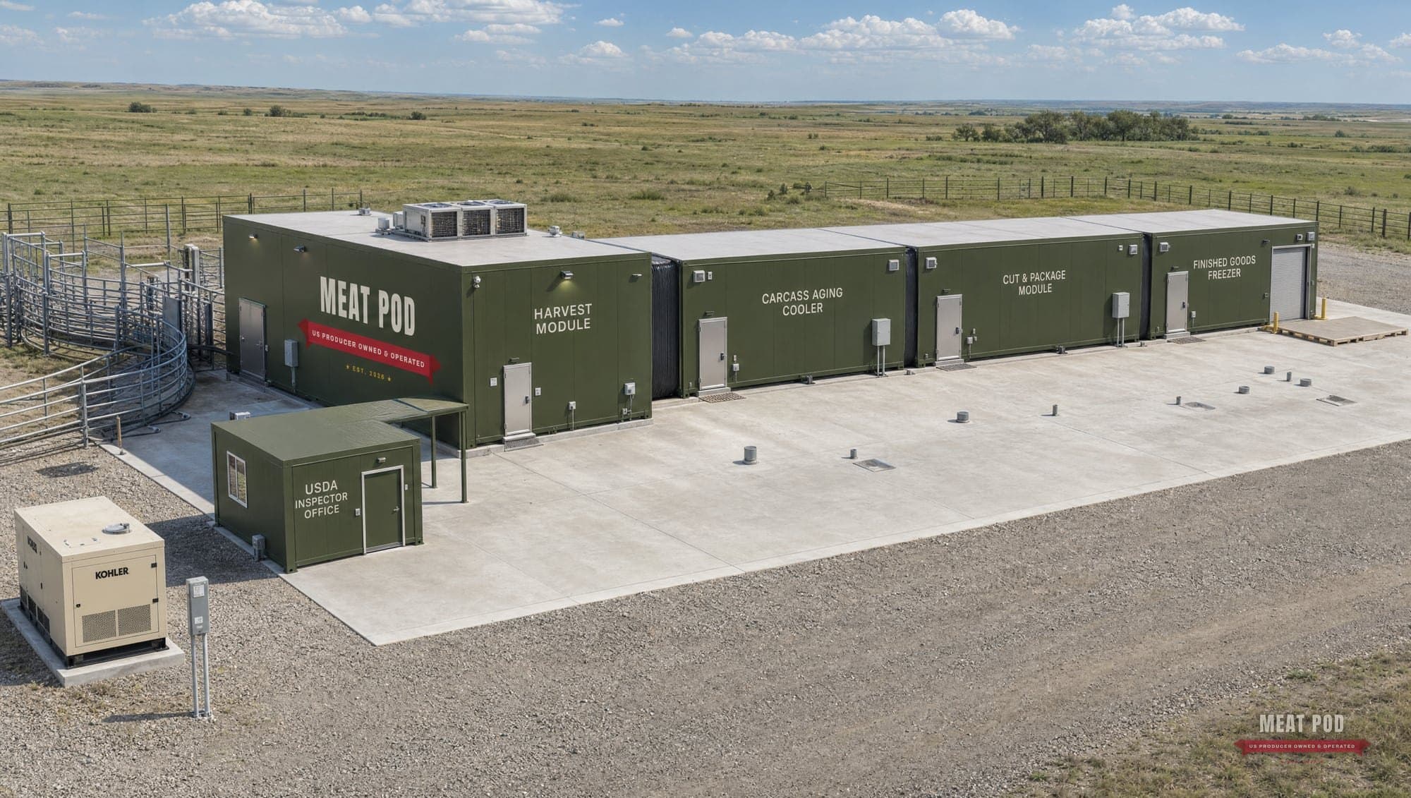 Aerial view of the four-module Meat Pod plant on a concrete slab with the USDA inspector office, backup generator, and expansion space