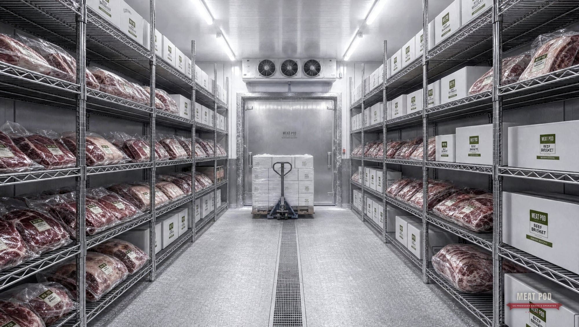 Finished goods freezer with shelving of packaged Meat Pod product and a pallet staged at the loading door